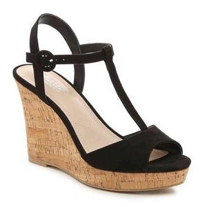 Charles David Black Canvas 7 Wedge Heel Cork Ankle T-Strap Platform Sandals